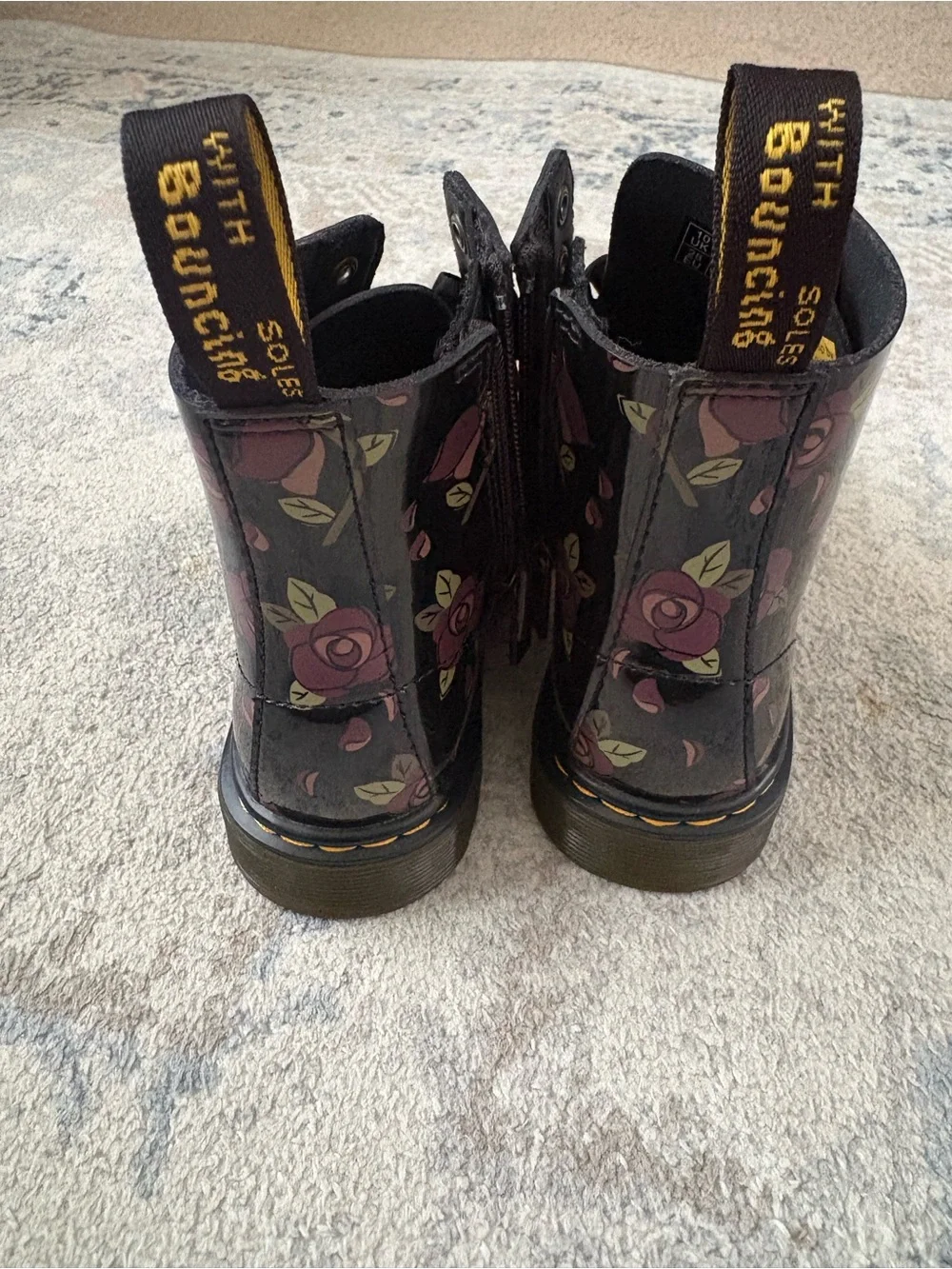 Dr. Martens Black Patent Floral Lace-Up Boots with Pink Roses